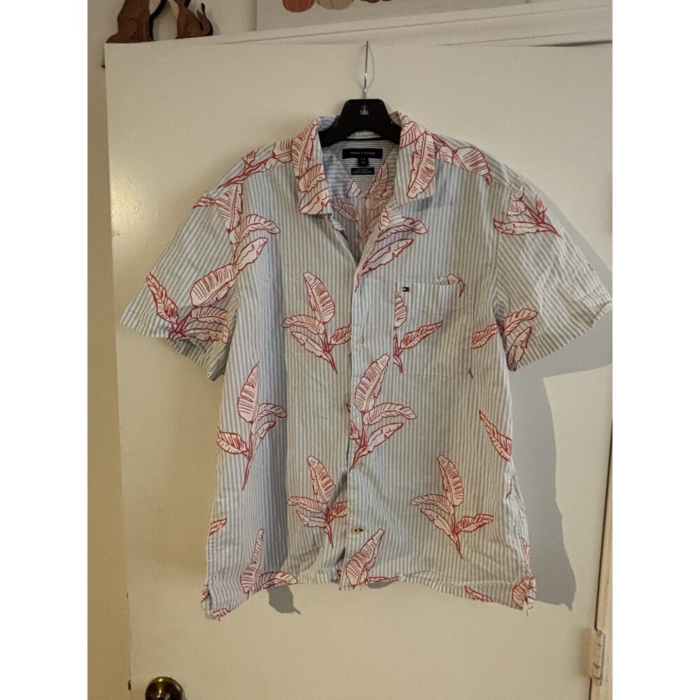 Tommy Hilfiger Custom Fit Short Sleeve Button Down Shirt Blue Stripe Red Leaf L